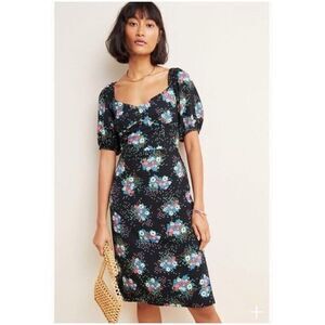 Anthropologie Tabia Dress Sweetheart Neckline‎ Black Floral Puff Sleeve Sz 2